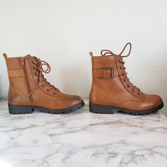 Womens Brown Cognac Combat Boots - Picture 4 of 7